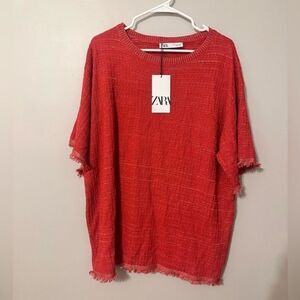 ZARA | Oversized Viscose Red Tweedy Top